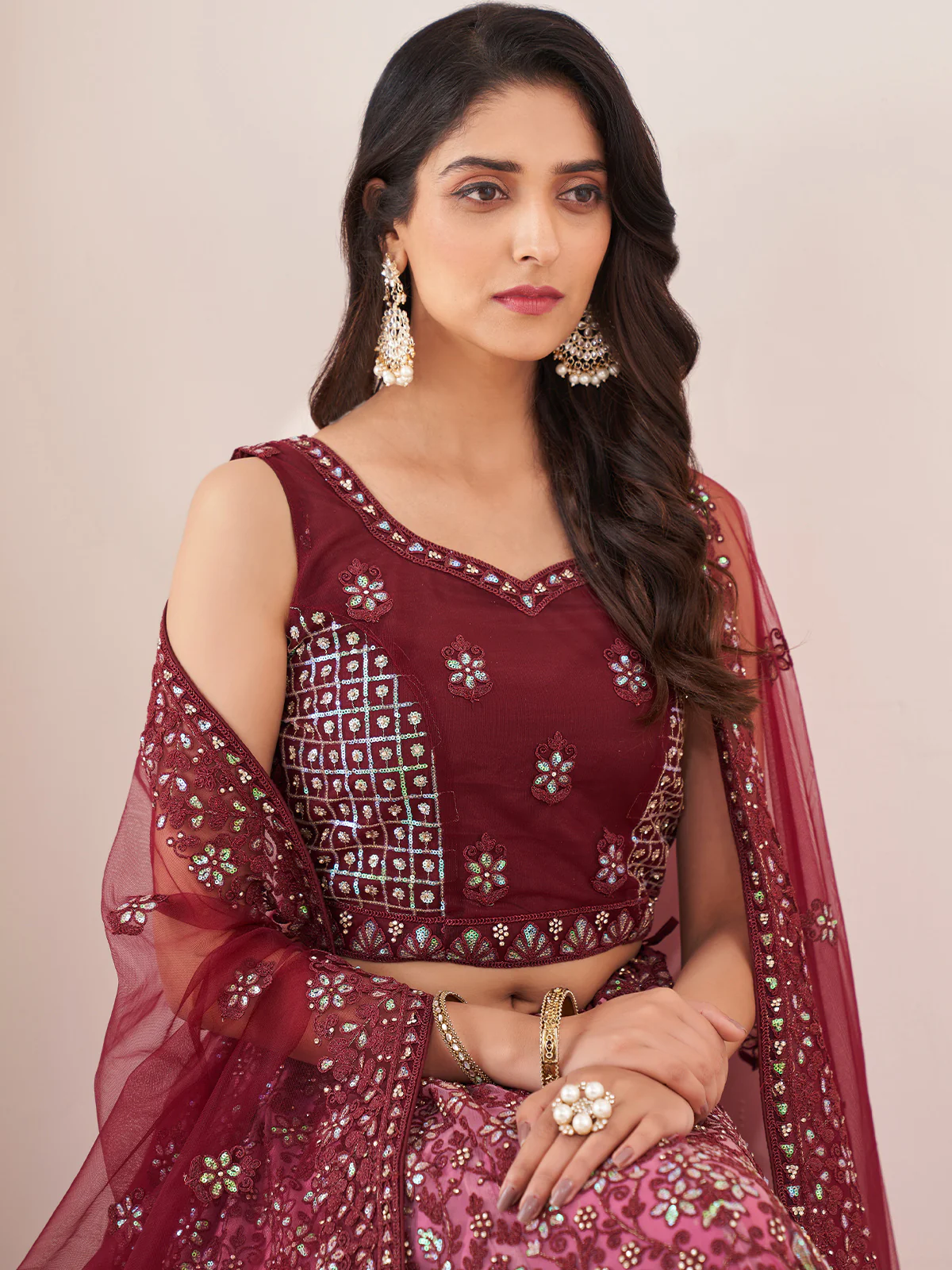 Odette Maroon Net Embroidered Semi Stitched Lehenga With Unstitched Blouse for Women - Image 4