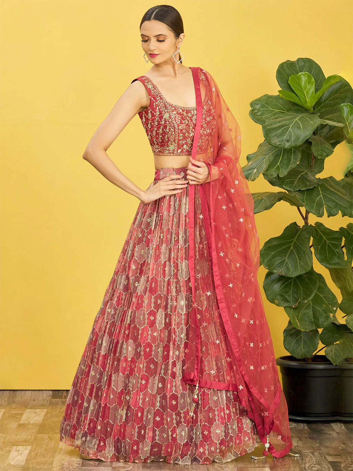 Odette Maroon Organza Embellished Semi Stitched Lehenga With Unstitched Blouse For Women - Image 3