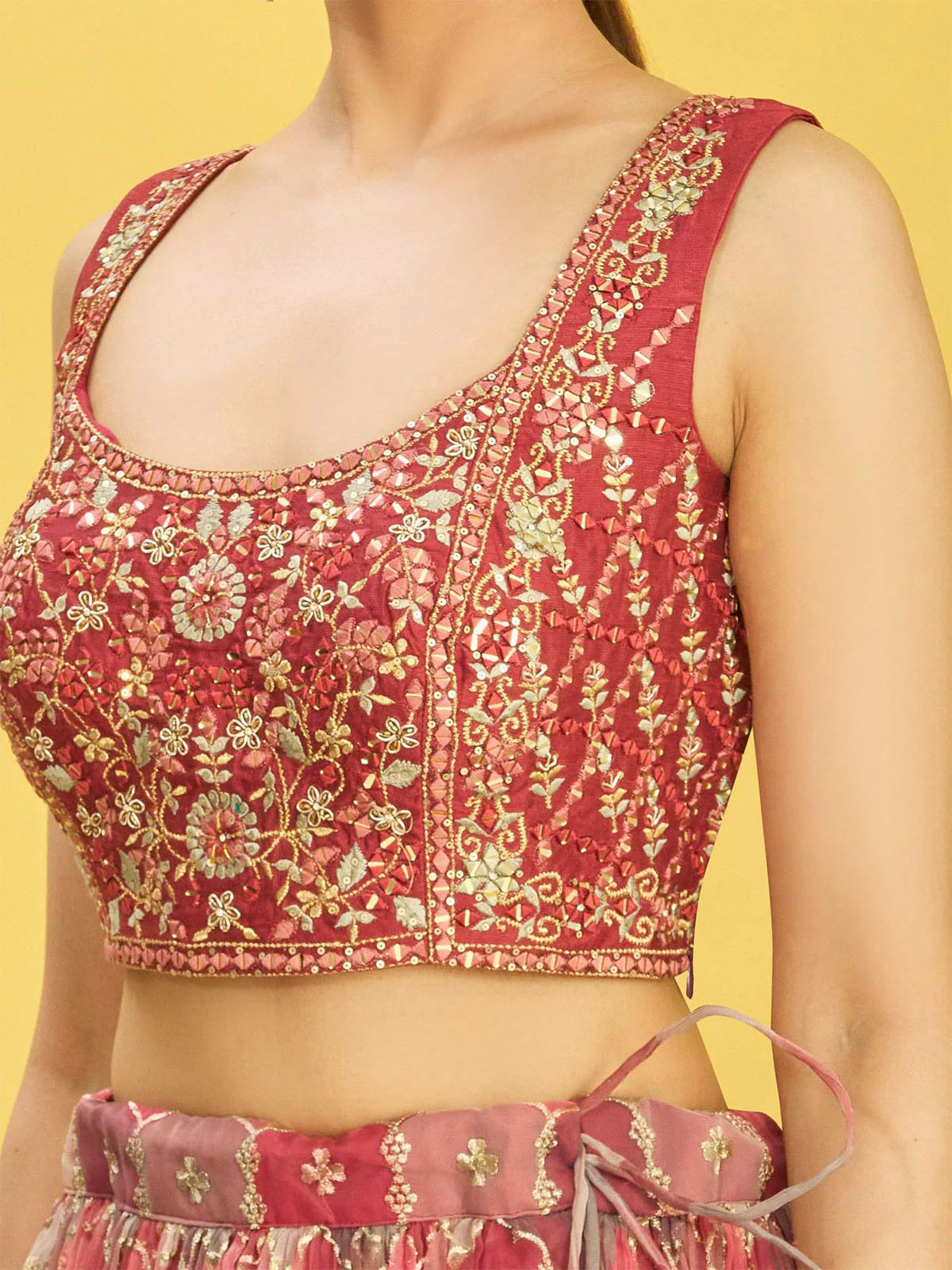 Odette Maroon Organza Embellished Semi Stitched Lehenga With Unstitched Blouse For Women - Image 5