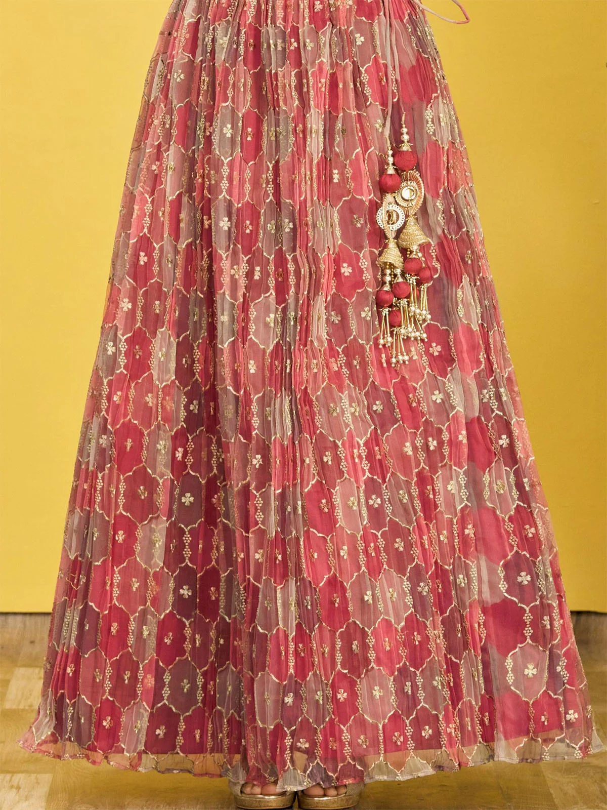 Odette Maroon Organza Embellished Semi Stitched Lehenga With Unstitched Blouse For Women - Image 6