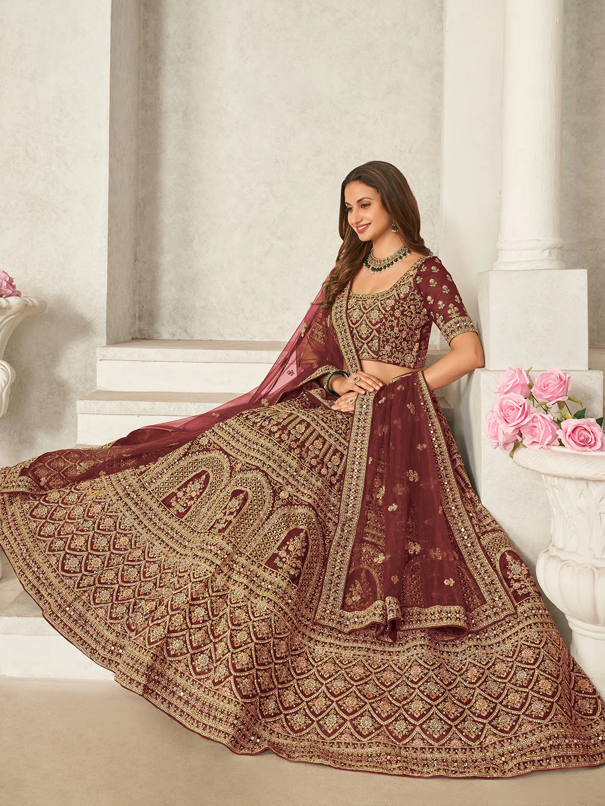 Odette Maroon Organza Blend Embroidered Semi Stitched Lehenga With Unstitched Blouse for Women - Image 2
