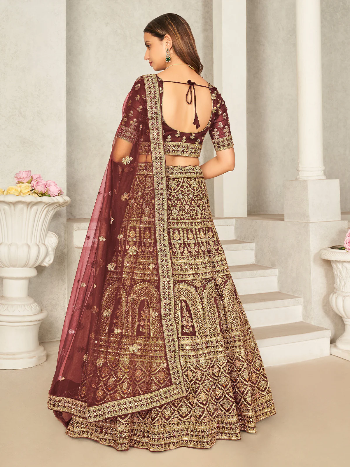 Odette Maroon Organza Blend Embroidered Semi Stitched Lehenga With Unstitched Blouse for Women - Image 3