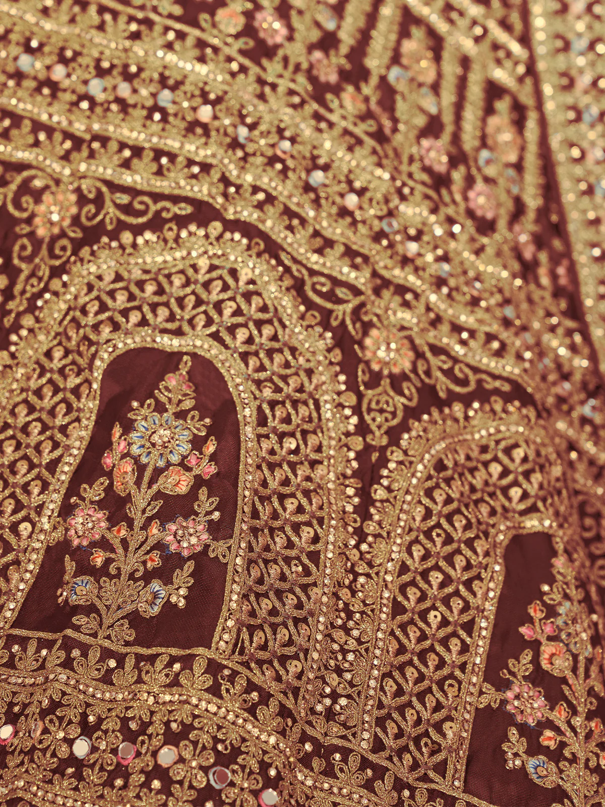 Odette Maroon Organza Blend Embroidered Semi Stitched Lehenga With Unstitched Blouse for Women - Image 5