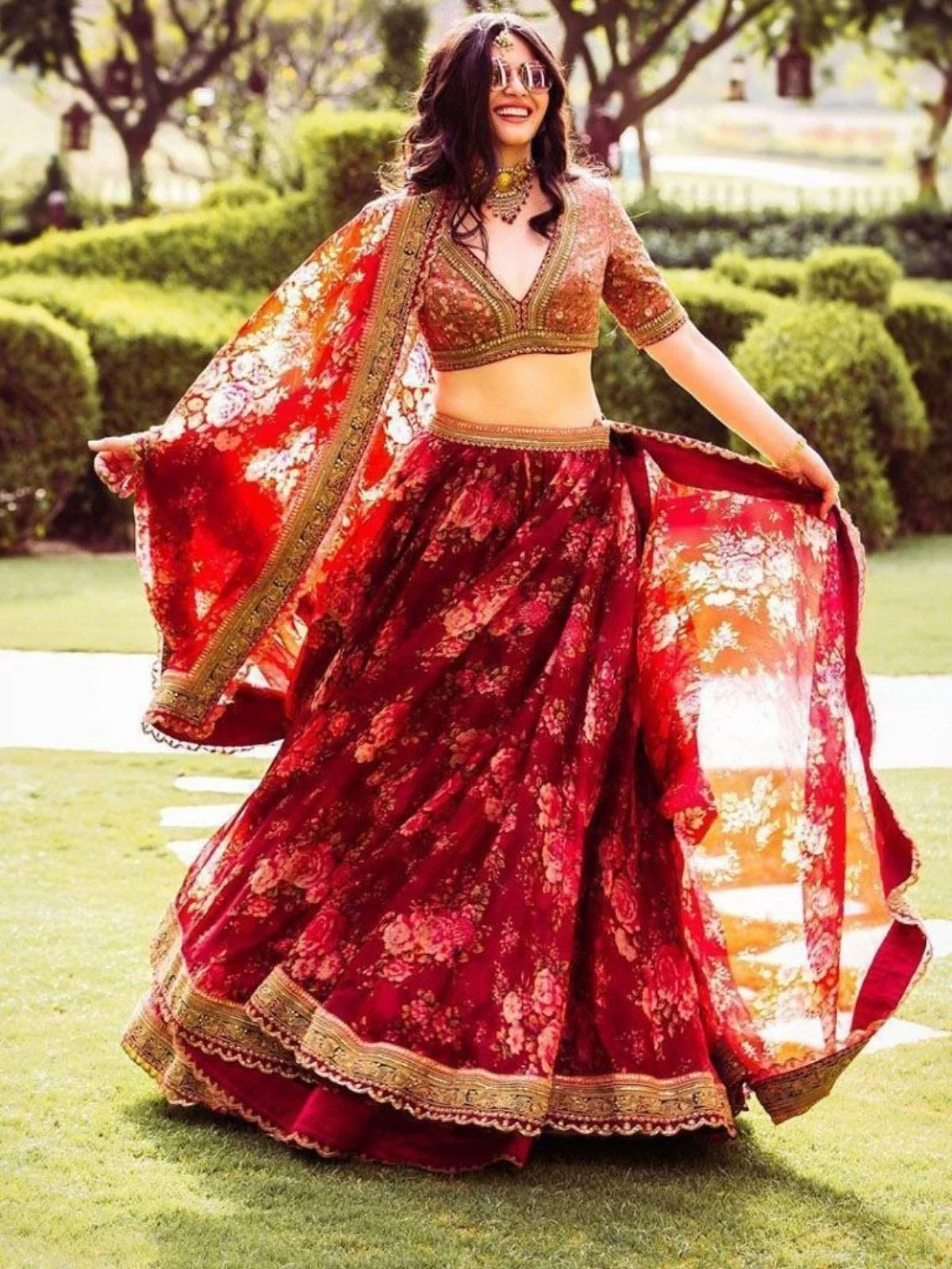 Odette Maroon Organza Printed Semi-Stitched lehenga For Women - Image 2