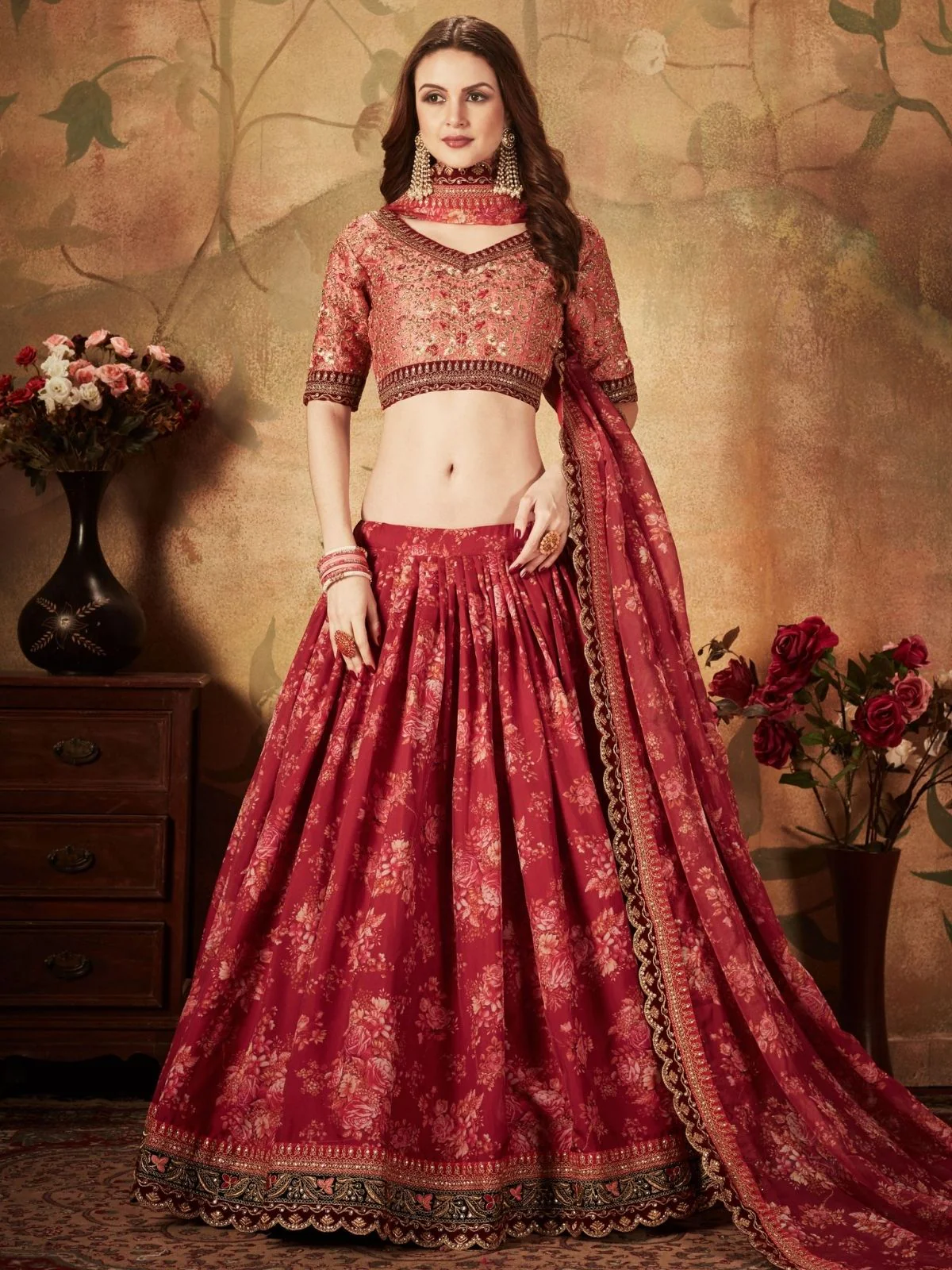 Odette Maroon Organza Printed Semi Stitched Lehenga With Unstitched Blouse For Women - Image 2