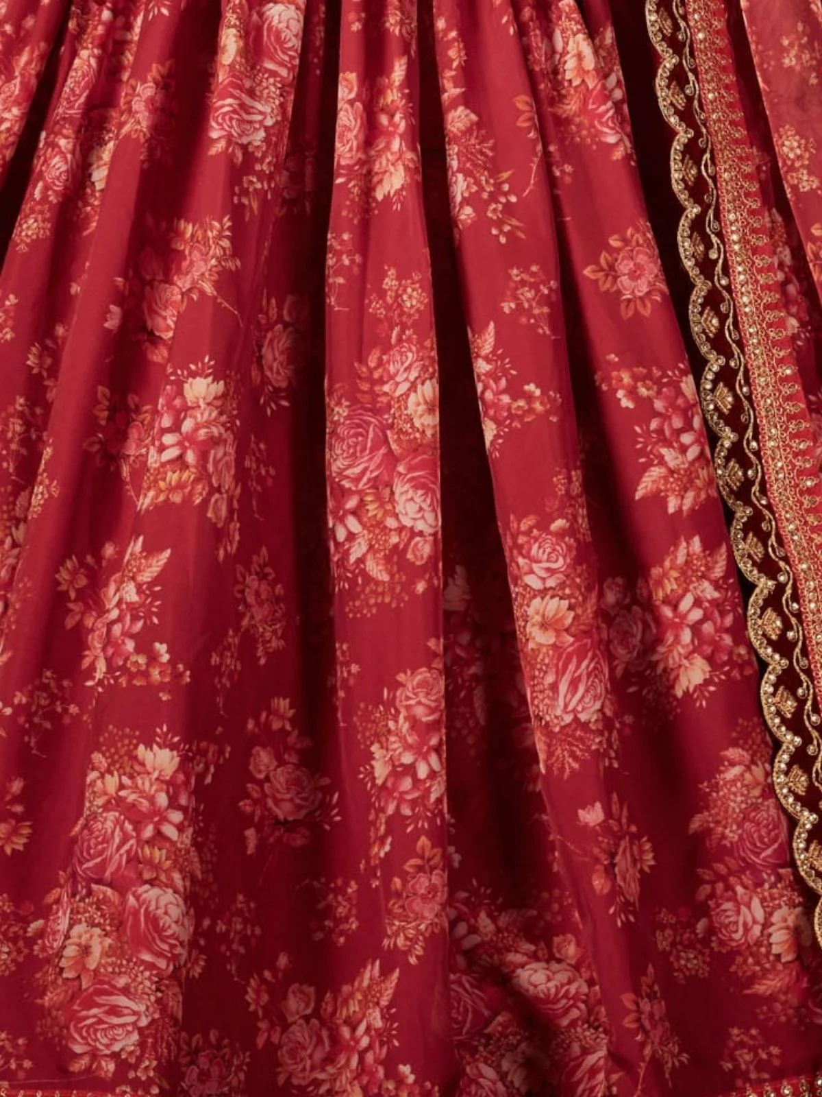 Odette Maroon Organza Printed Semi Stitched Lehenga With Unstitched Blouse For Women - Image 6