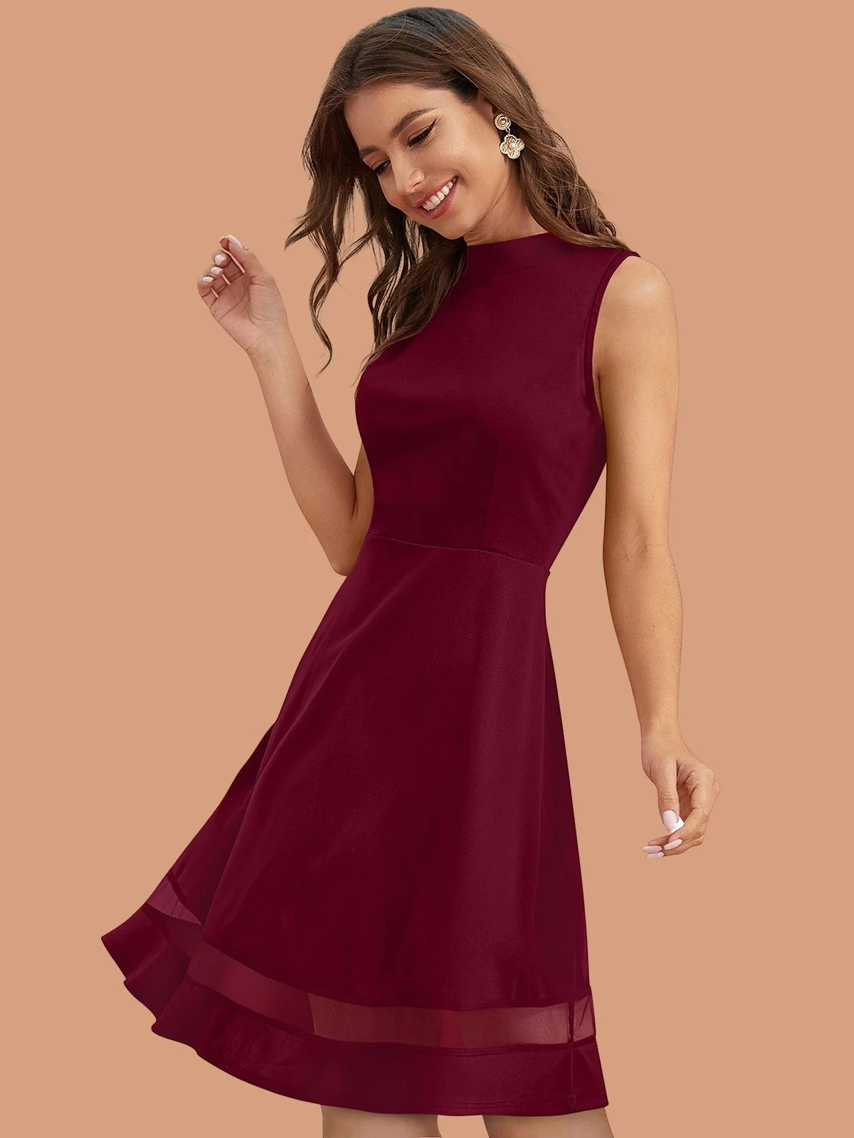 Odette Maroon Polyester Blend Solid Dress For Women - Image 2