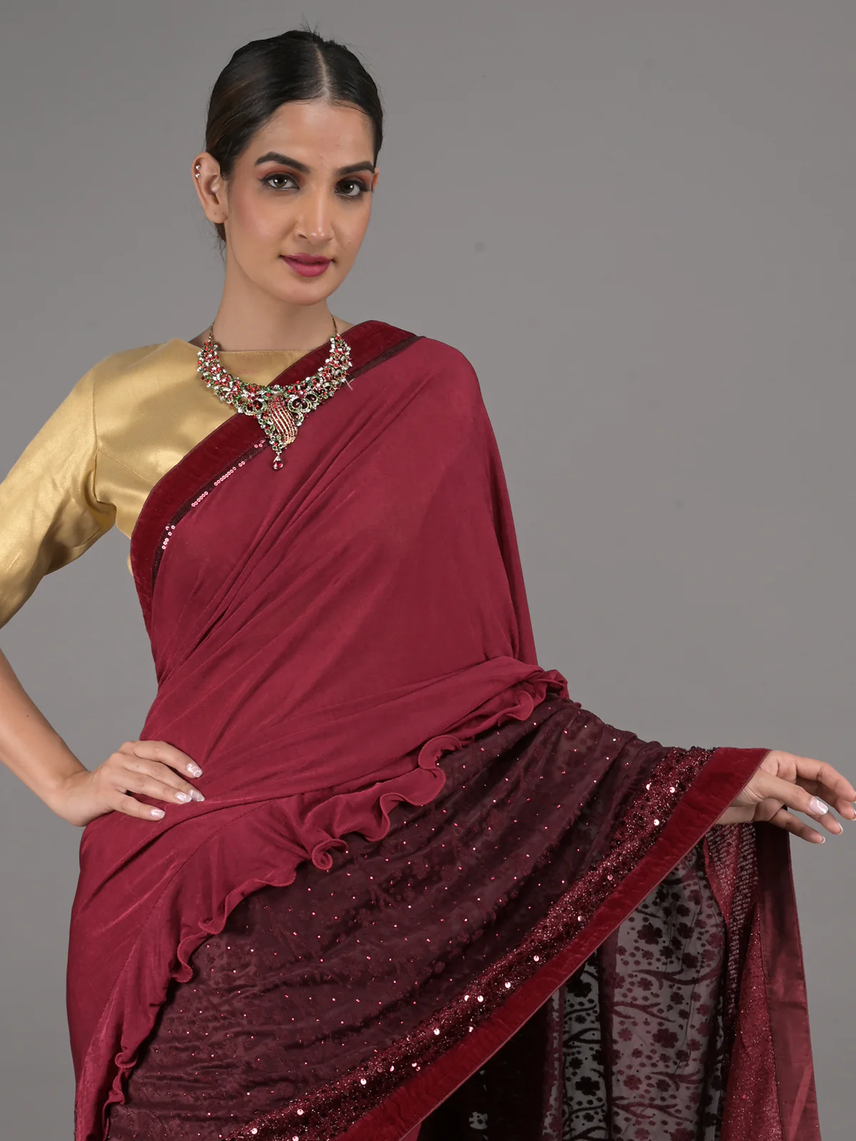 Odette Maroon Polyester Embellished Saree With Unstitched Blouse For Women - Image 4