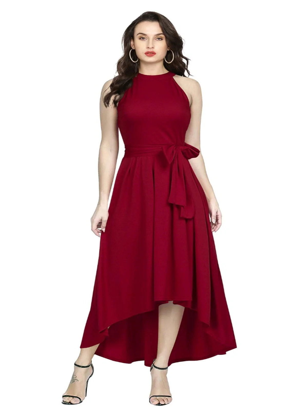 Odette Maroon Polyester High Low Dress For Women
