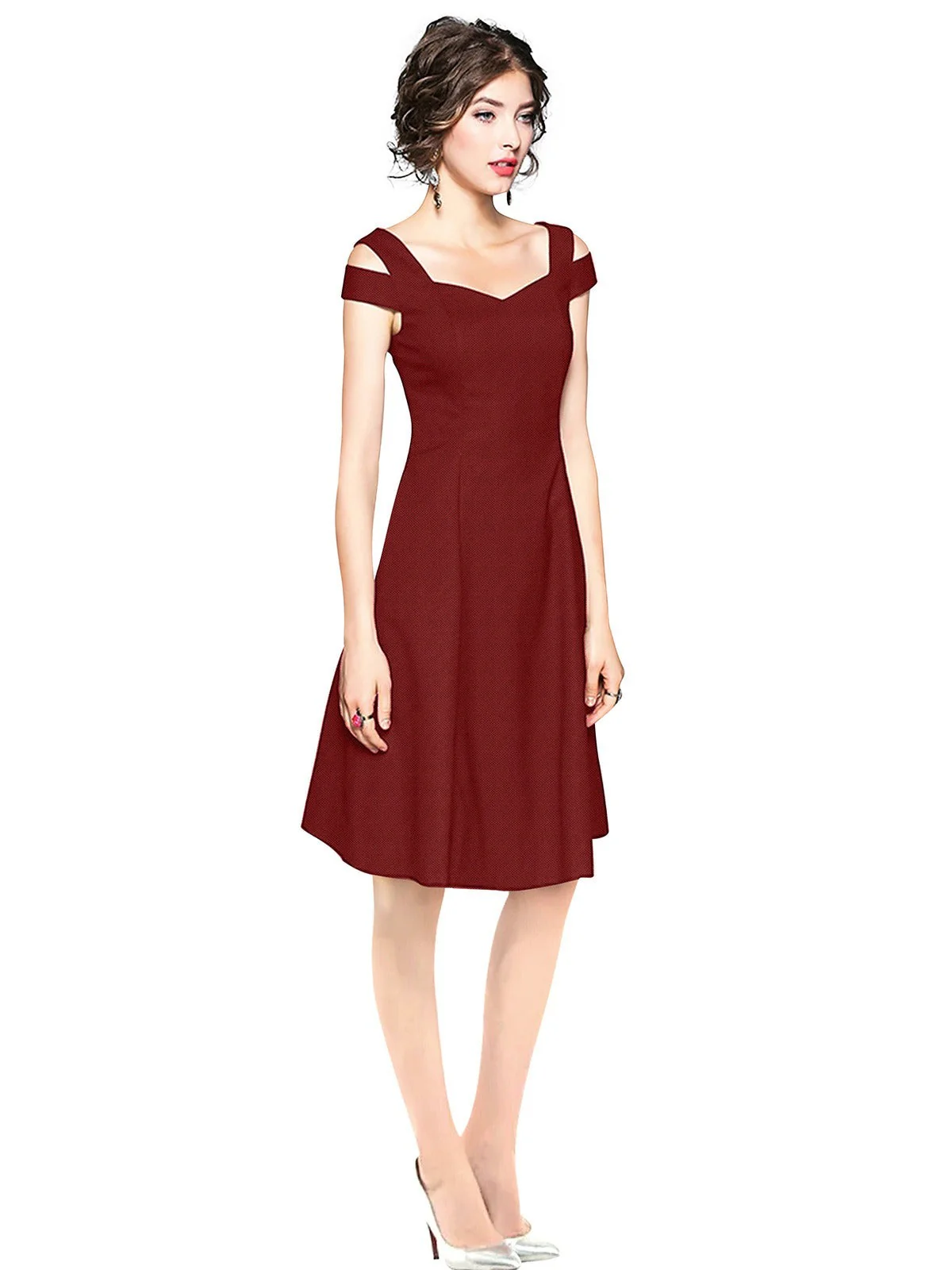 Odette Maroon Polyester Skater  Dress For Women - Image 2