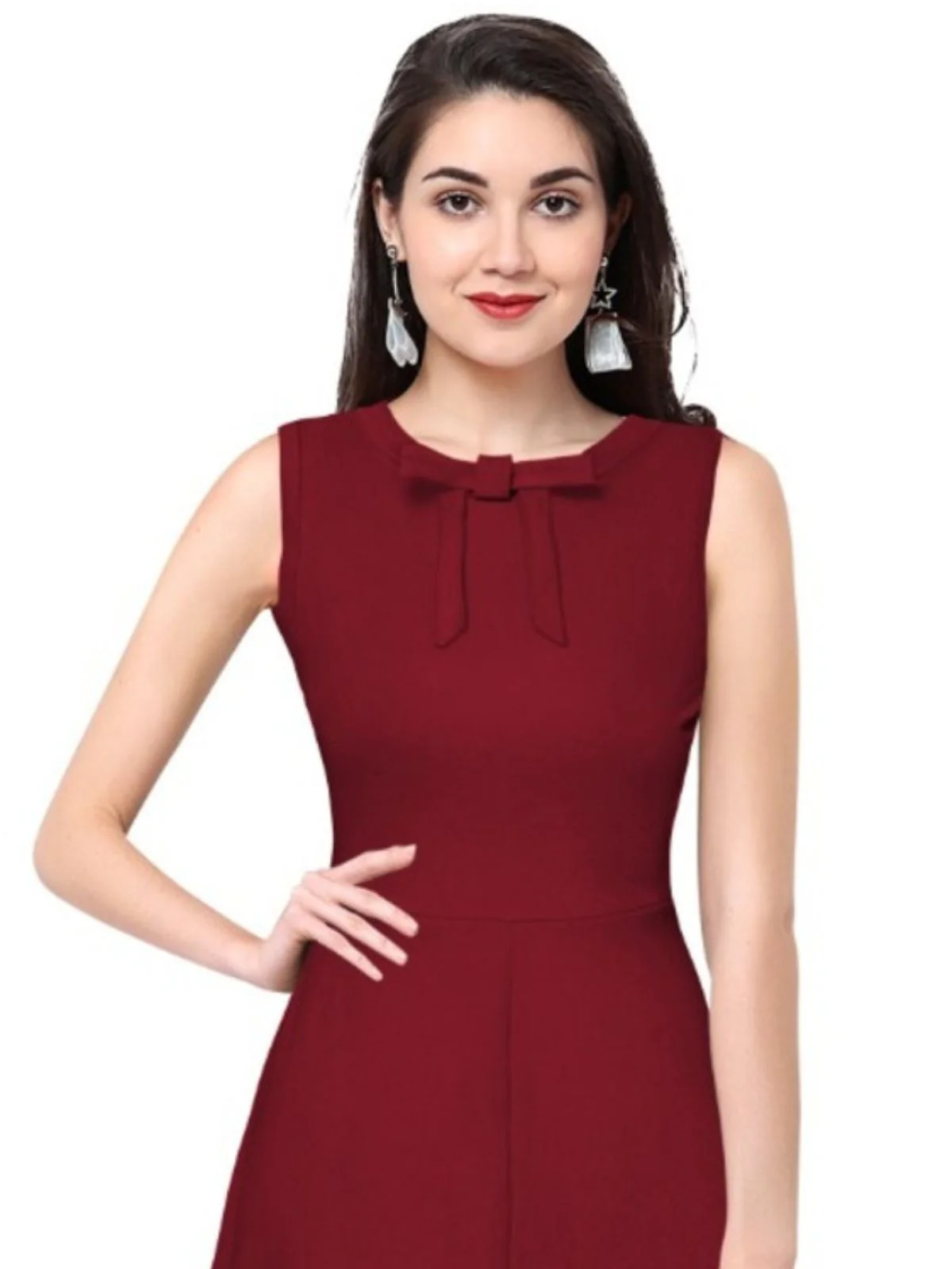 Odette Maroon Polyester Skater  Dress For Women - Image 5