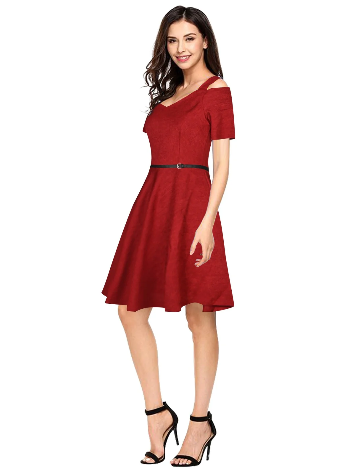 Odette Maroon Polyester Skater Dress For Women - Image 3