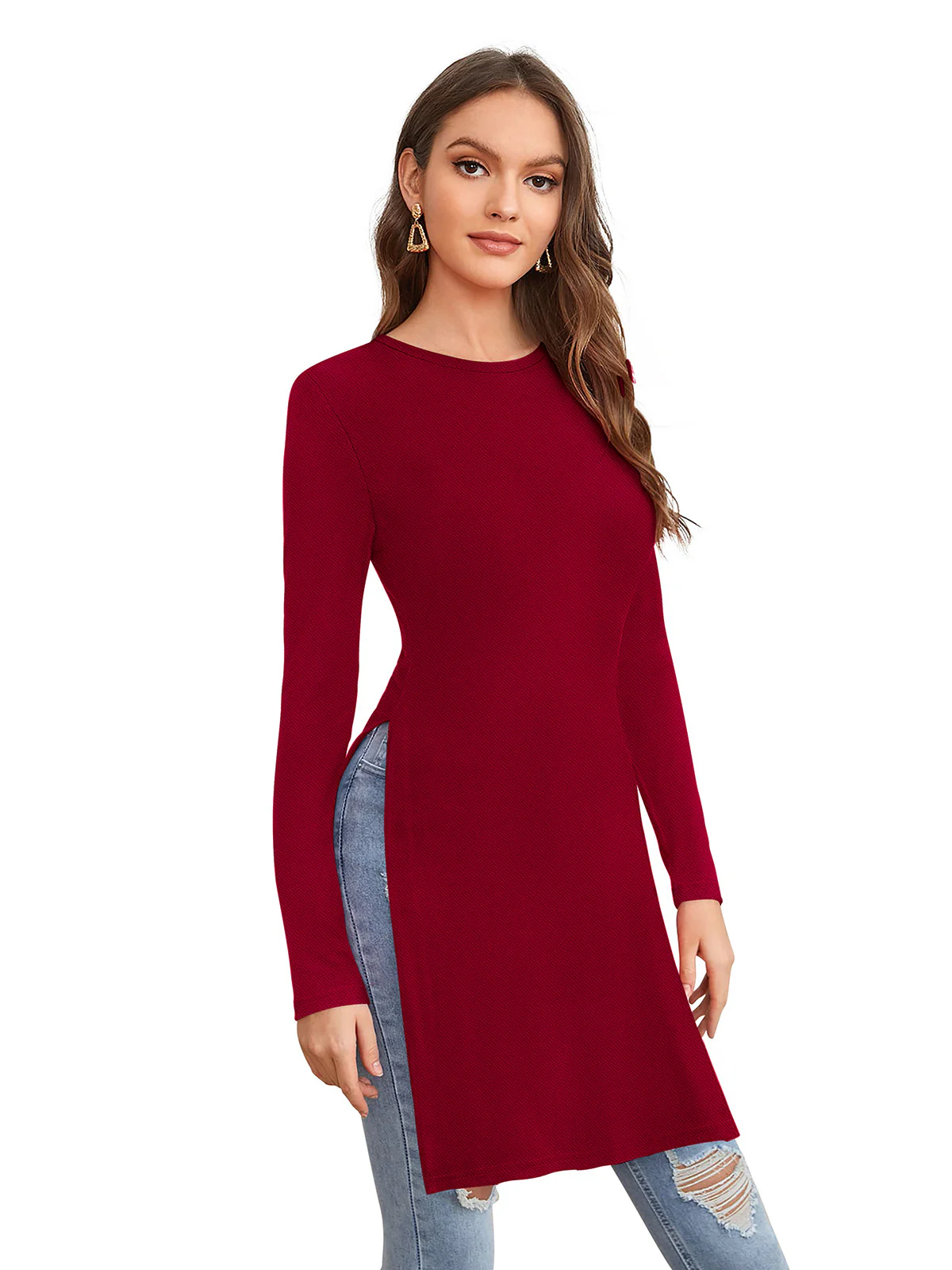 Odette Maroon Polyester Solid Long Top For Women - Image 2