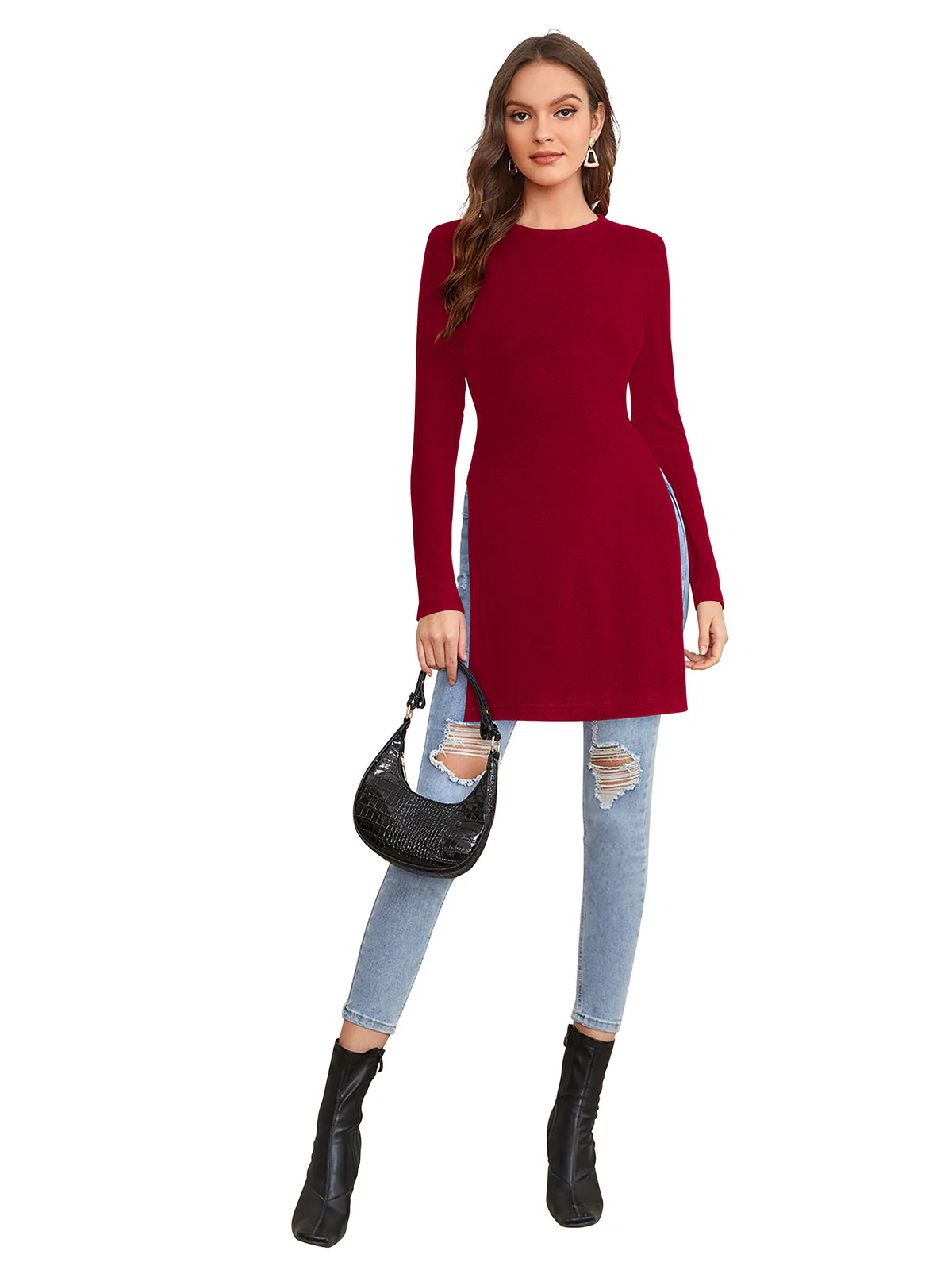 Odette Maroon Polyester Solid Long Top For Women - Image 5