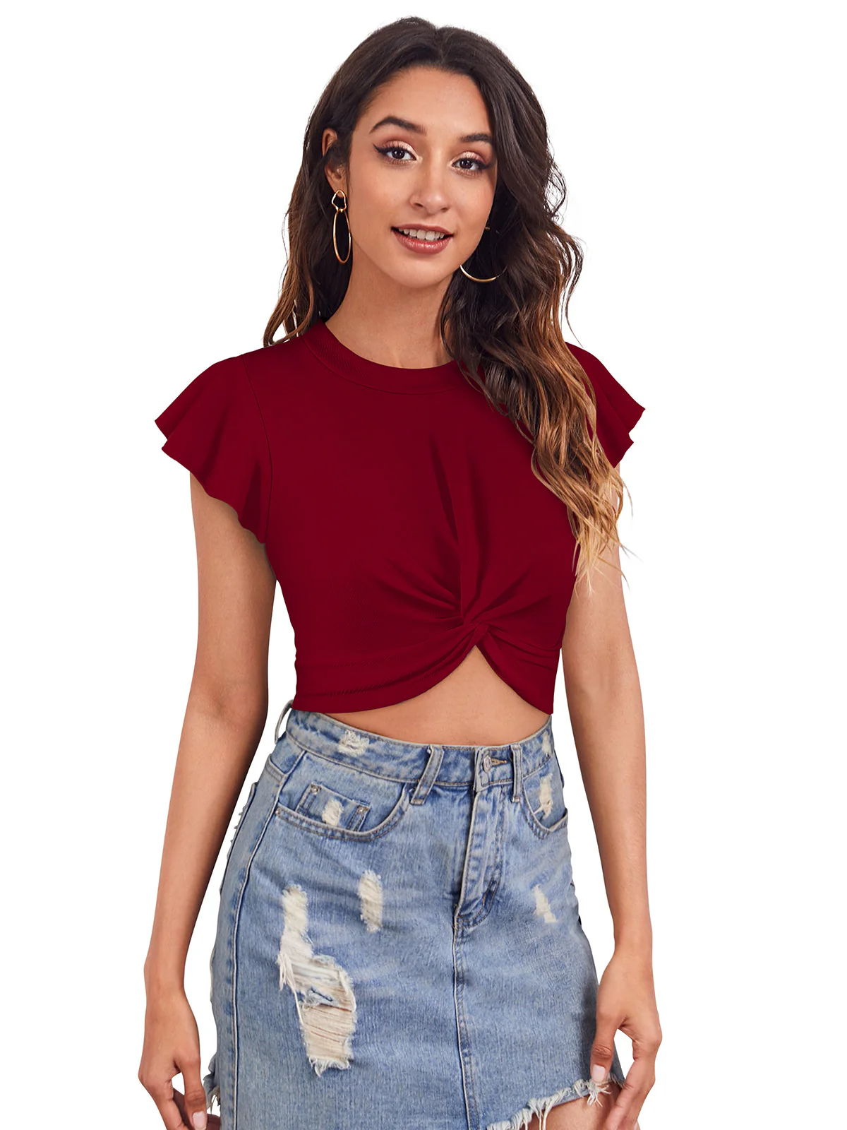 Odette Maroon Polyester Solid Top For Women - Image 2