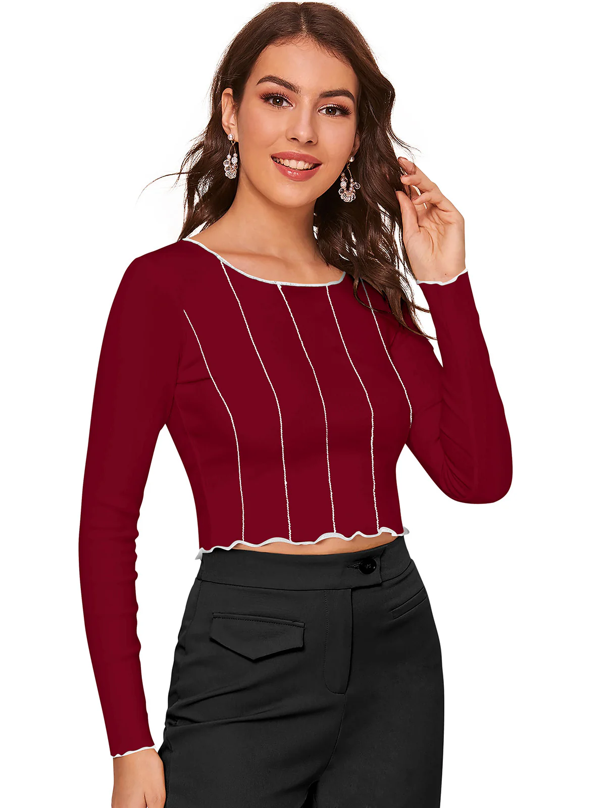 Odette Maroon Polyester Striped Top For Women - Image 3