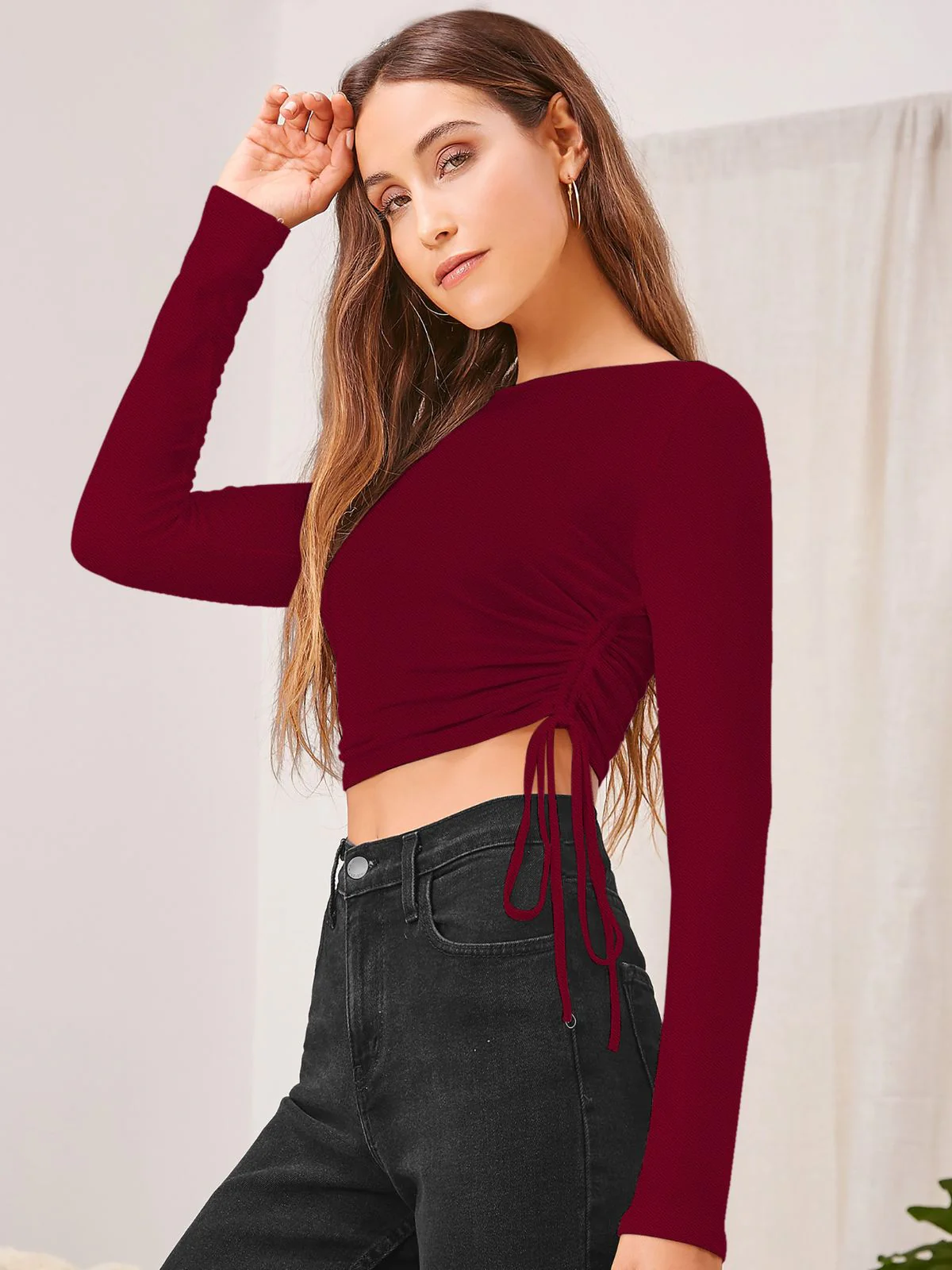Odette Maroon Polyster Solid Top For Women