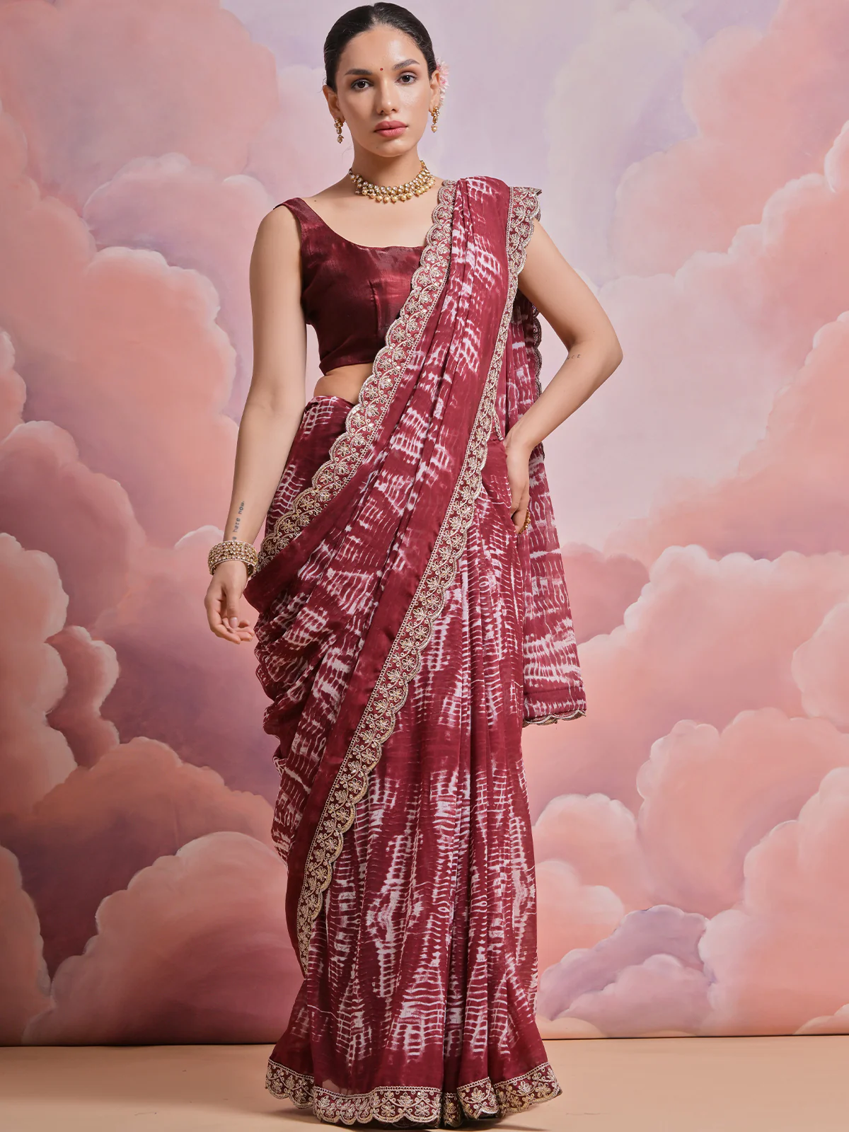 Odette Maroon Printed Georgette  Saree With Unstitched Blouse For Women - Image 3