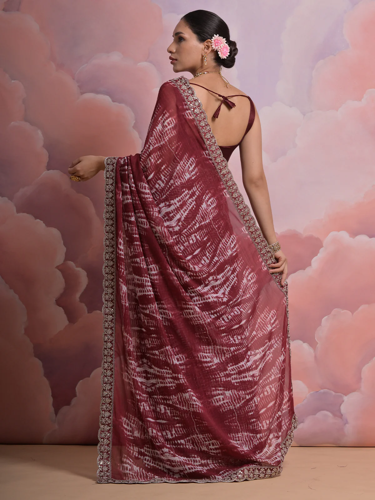 Odette Maroon Printed Georgette  Saree With Unstitched Blouse For Women - Image 4