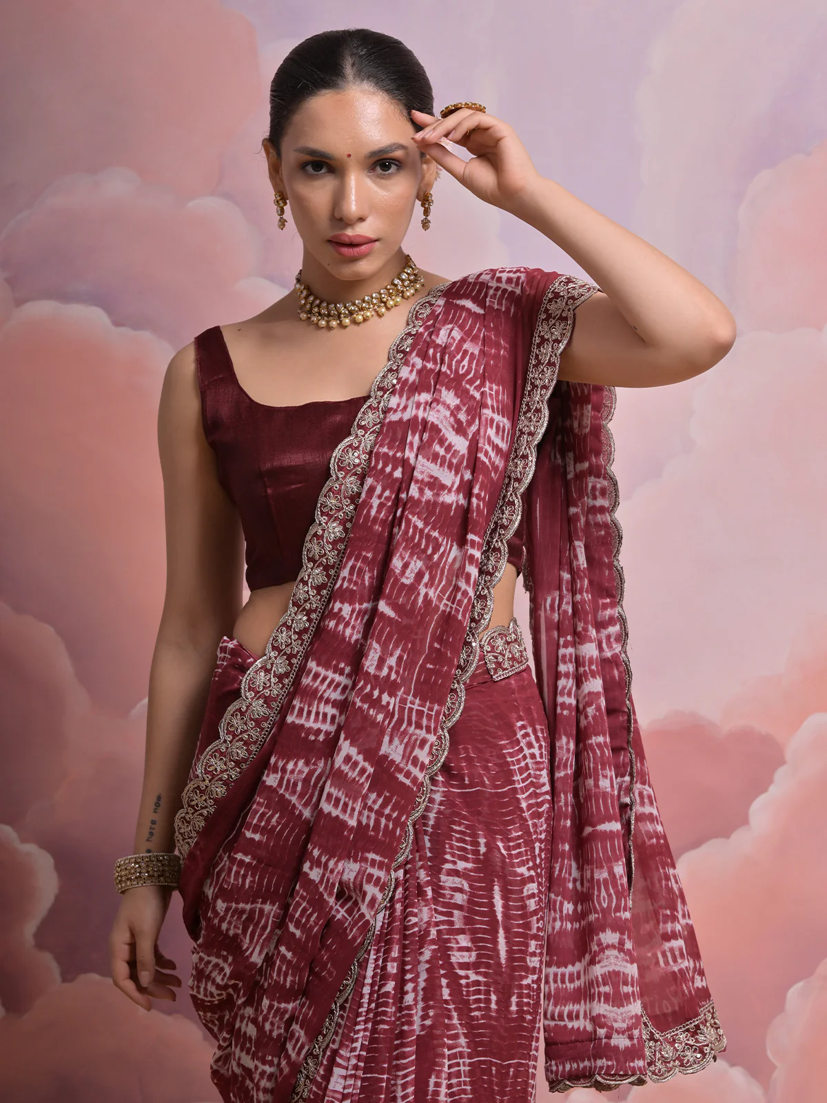 Odette Maroon Printed Georgette  Saree With Unstitched Blouse For Women - Image 5