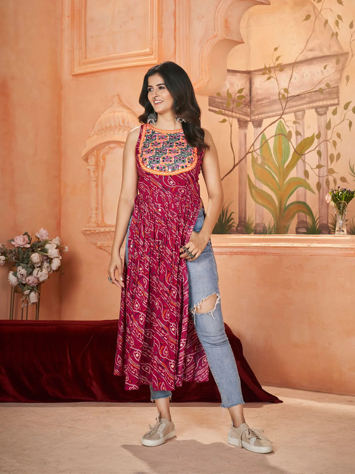 Odette Maroon Printed Rayon Stitched Kurti For Women - Image 2