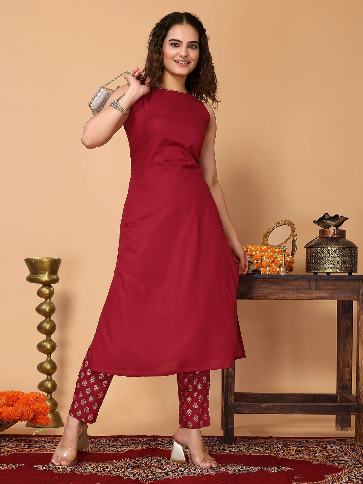 Odette Maroon Rayon Solid A Line Kurta set for Women