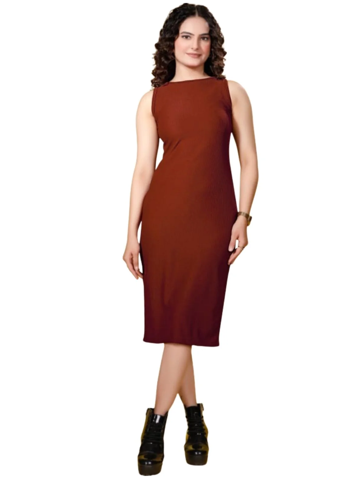 Odette Maroon Ribbed Knit Solid Dresses For Women