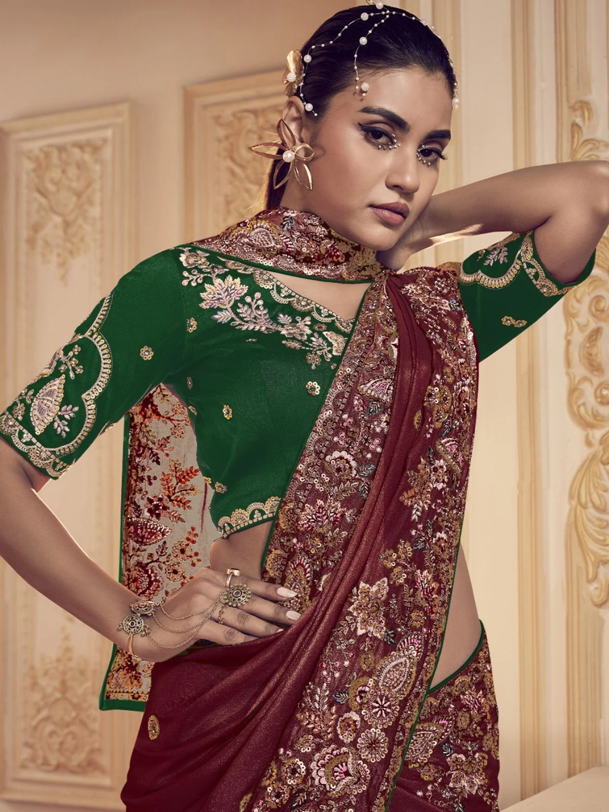 Odette Maroon Satin Embroidered Elegant Saree For Women - Image 2