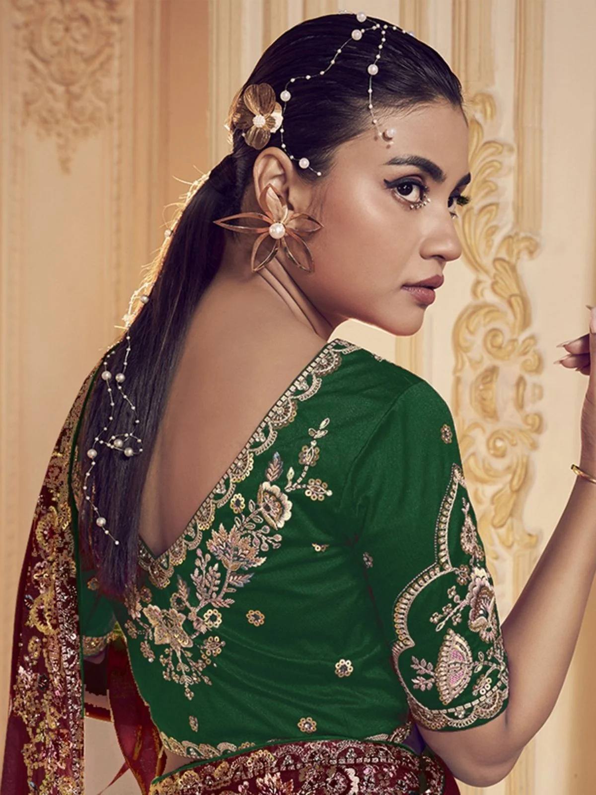 Odette Maroon Satin Embroidered Elegant Saree For Women - Image 3