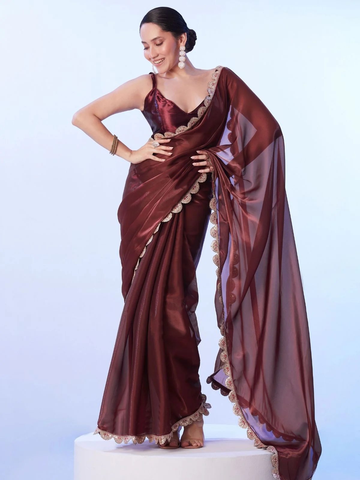 Odette Maroon Satin Lace Work Saree With Unstitched Blouse For Women - Image 2
