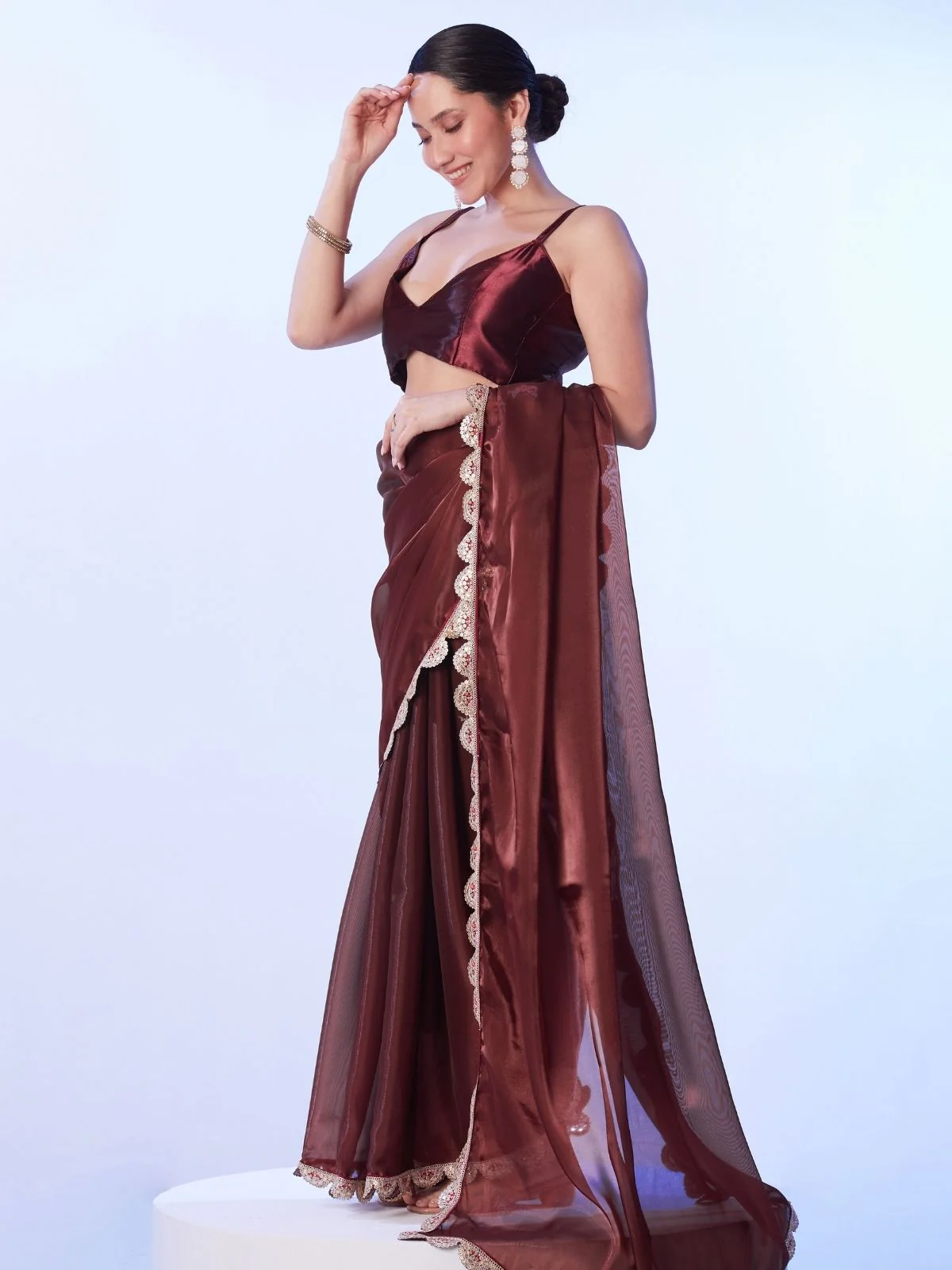 Odette Maroon Satin Lace Work Saree With Unstitched Blouse For Women - Image 3