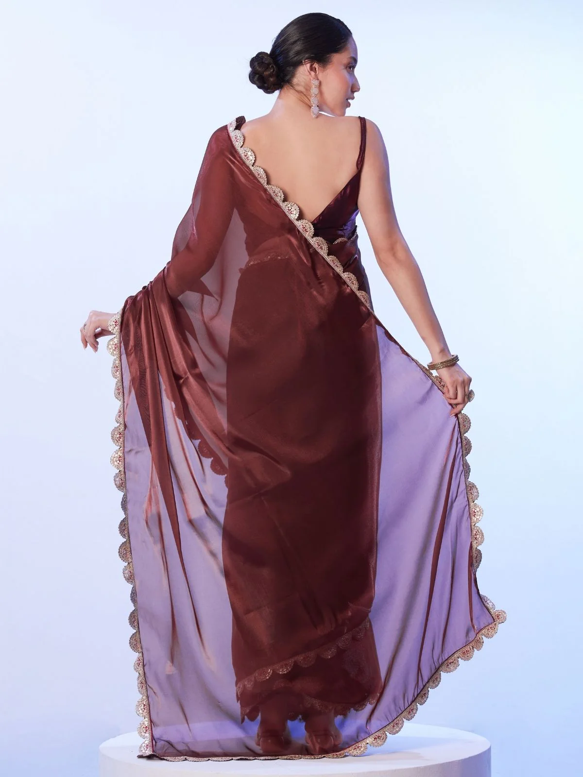Odette Maroon Satin Lace Work Saree With Unstitched Blouse For Women - Image 5