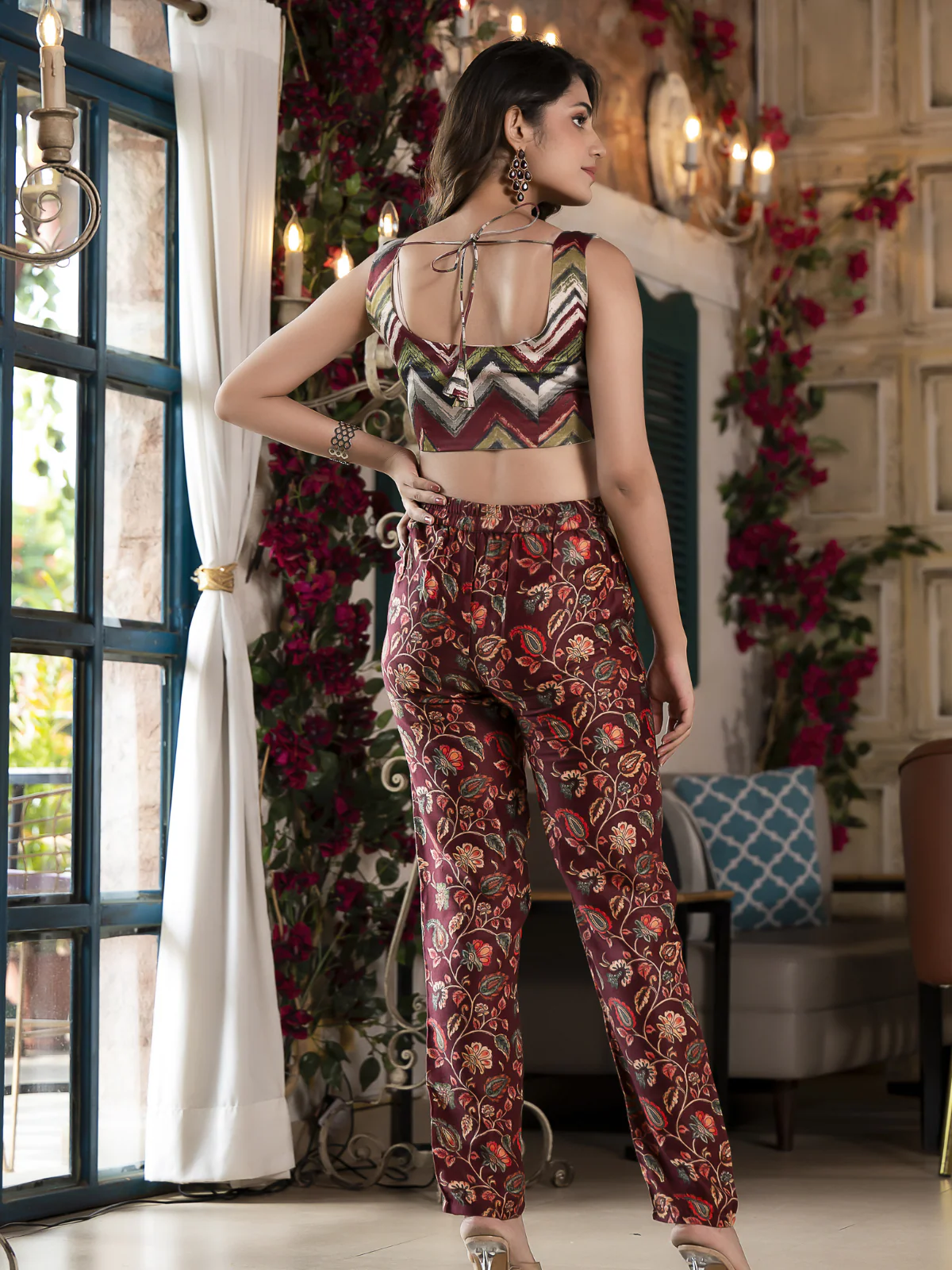 Odette Maroon Satin Printed Co Ord Set for Women - Image 4