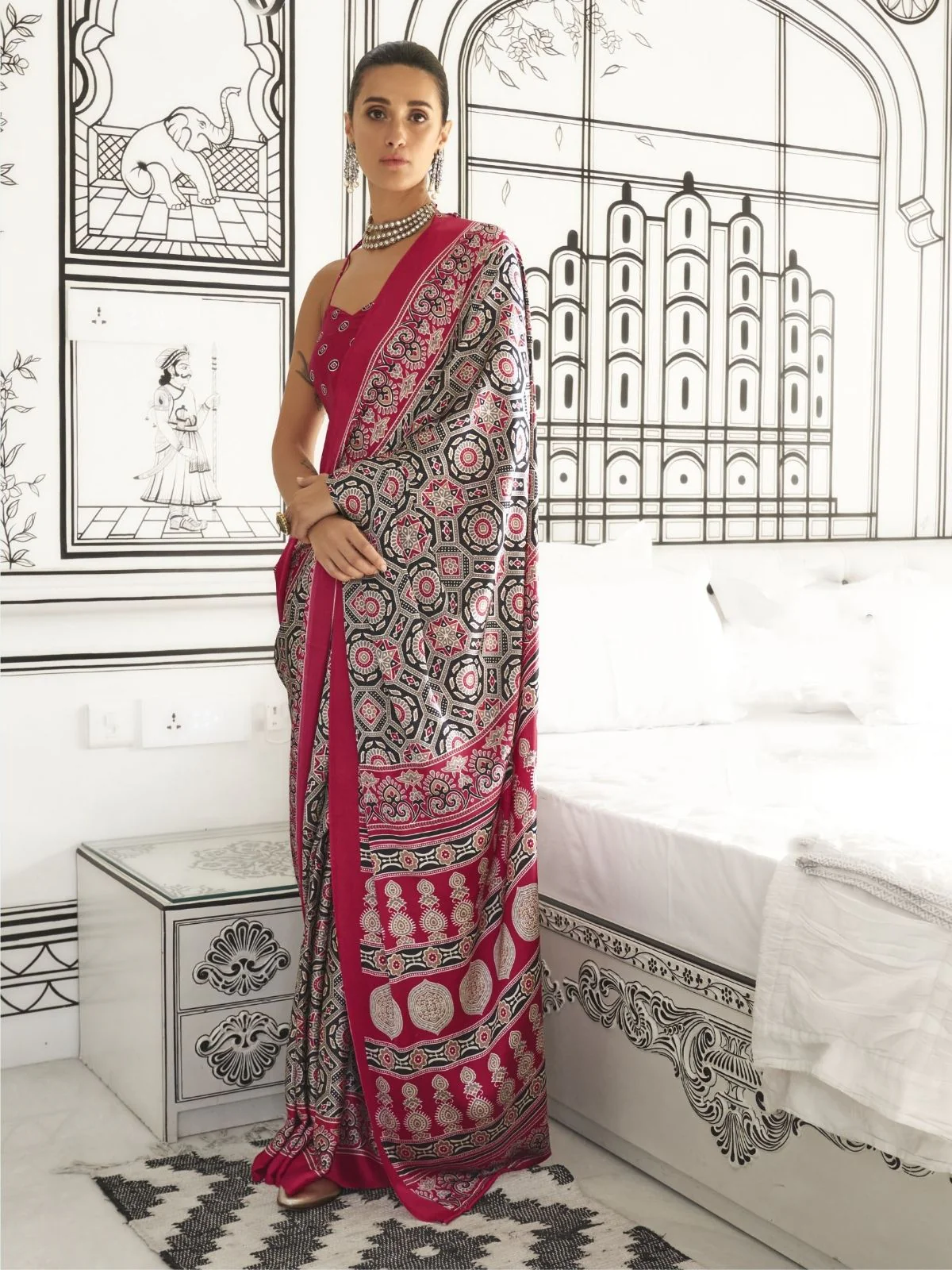 Odette Maroon Satin Printed Saree With Unstitched Blouse For Women