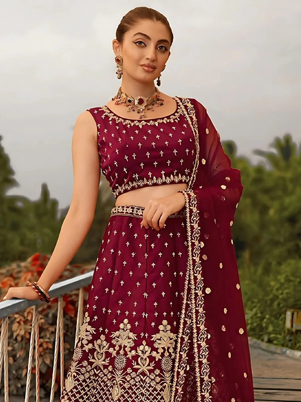 Odette Maroon Satin Silk Embroidered Semi-Stitched Lehenga For Women - Image 3