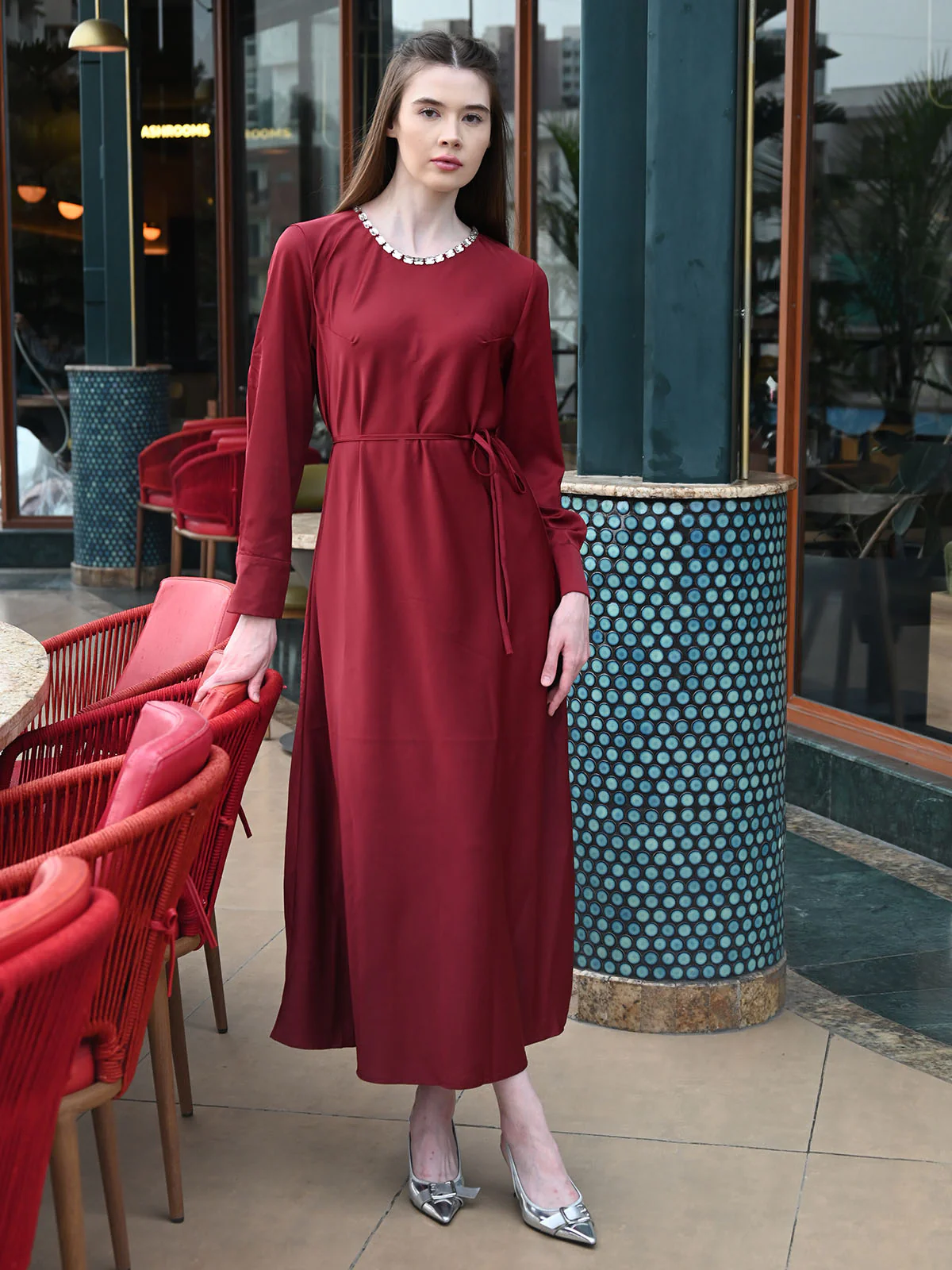 Odette Maroon Satin Solid Dress For Women - Image 2