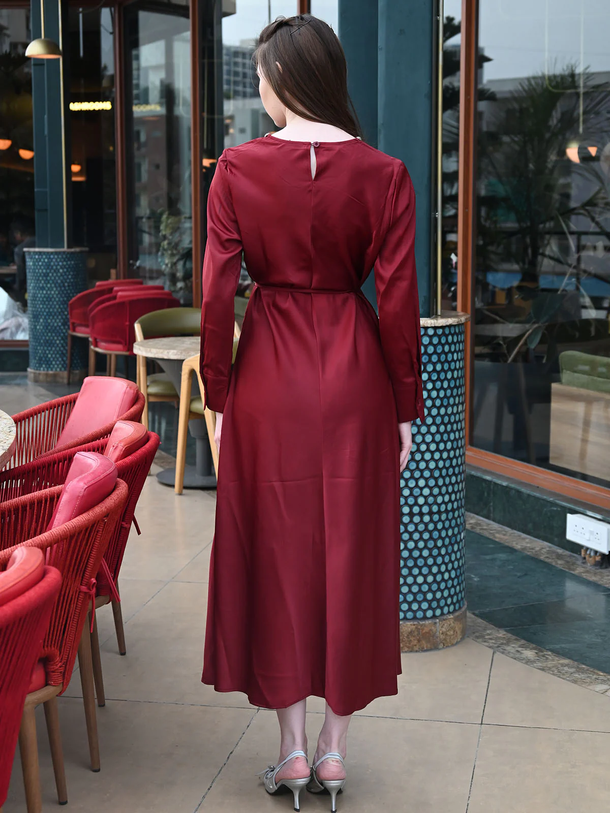 Odette Maroon Satin Solid Dress For Women - Image 3