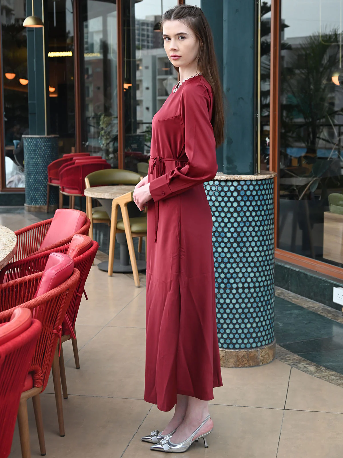 Odette Maroon Satin Solid Dress For Women - Image 4