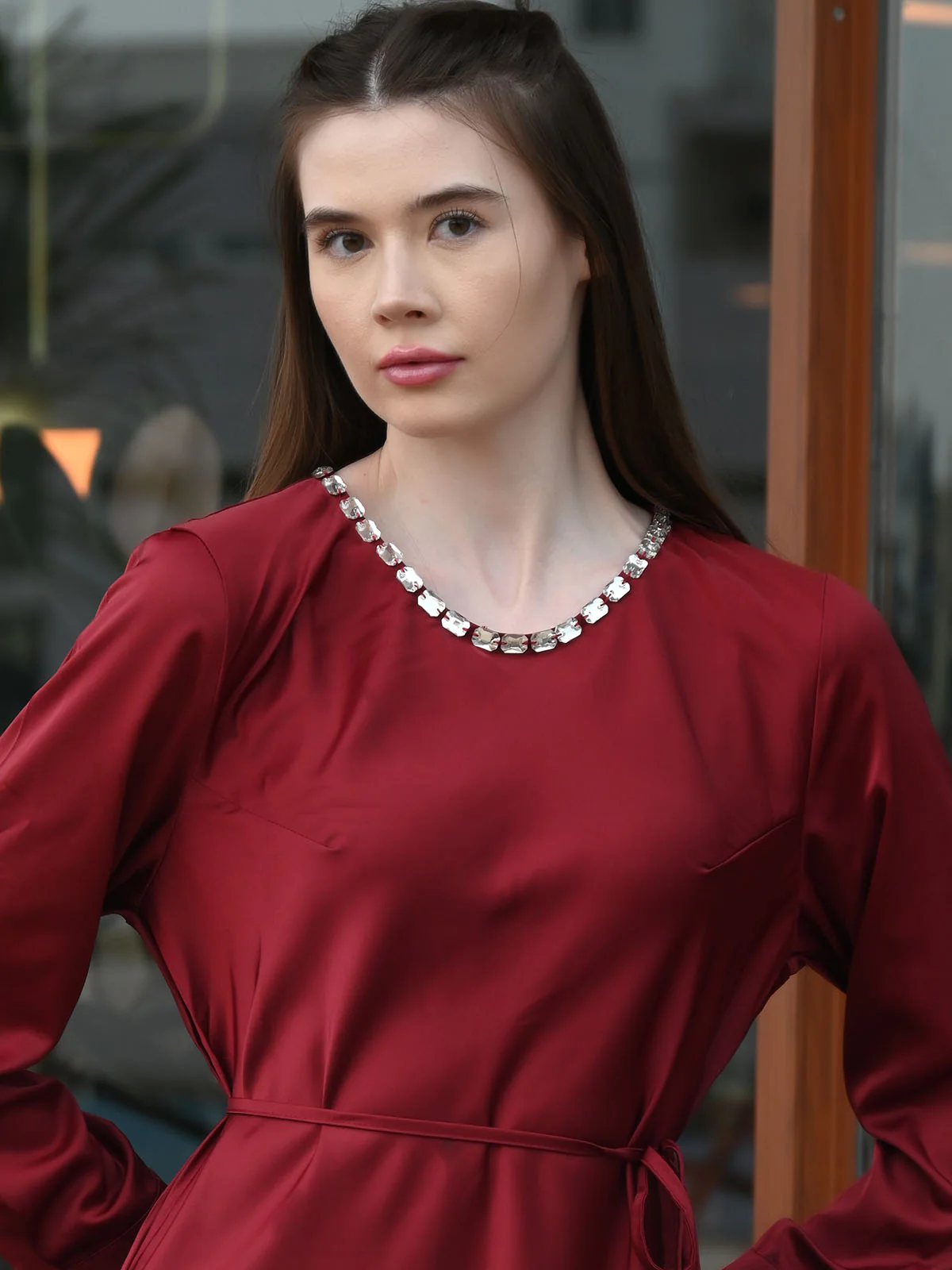 Odette Maroon Satin Solid Dress For Women - Image 5