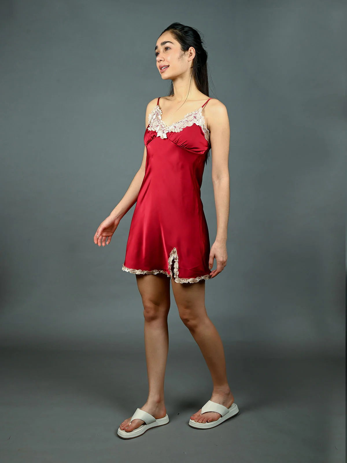 Odette Maroon Satin With Lace Work Night Wear For Women - Image 3