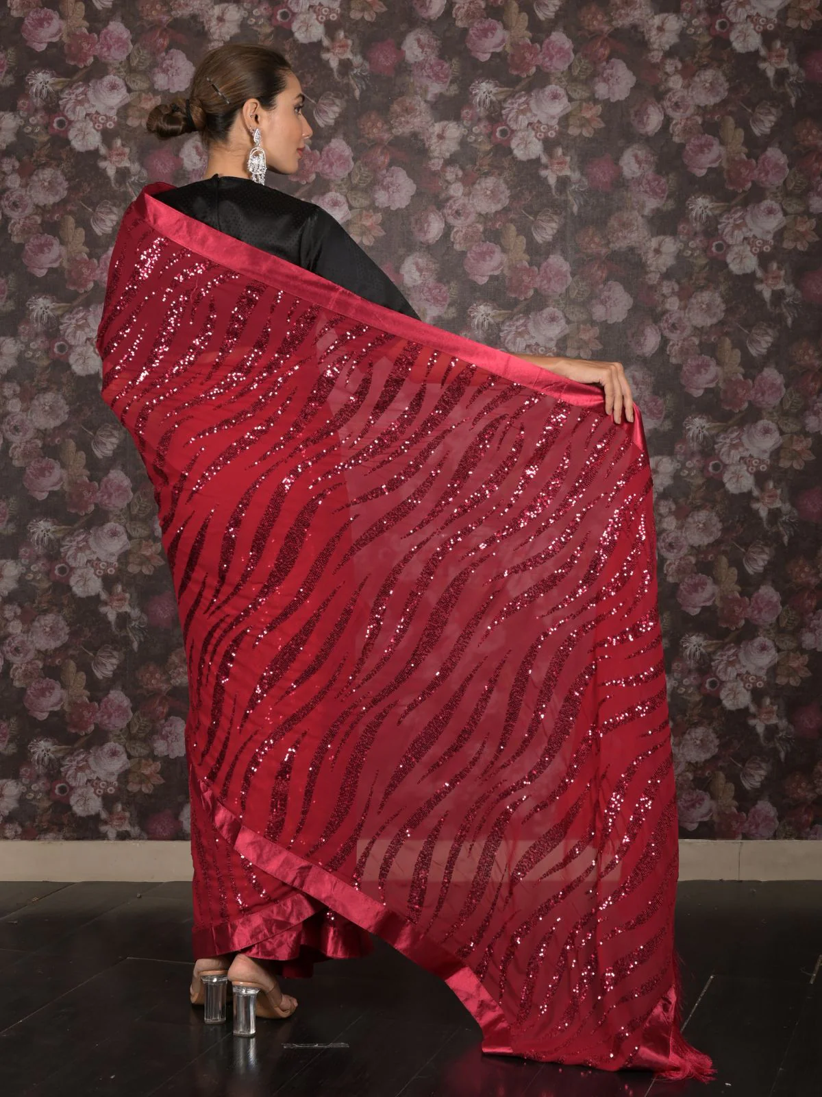 Odette Maroon Sequins Embroidered Georgette Saree with Unstitched Blouse for Women - Image 4