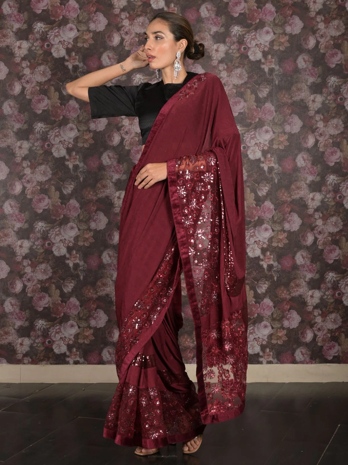 Odette Maroon Sequins Embroidered Lycra and Net Saree with Unstitched Blouse for Women - Image 2