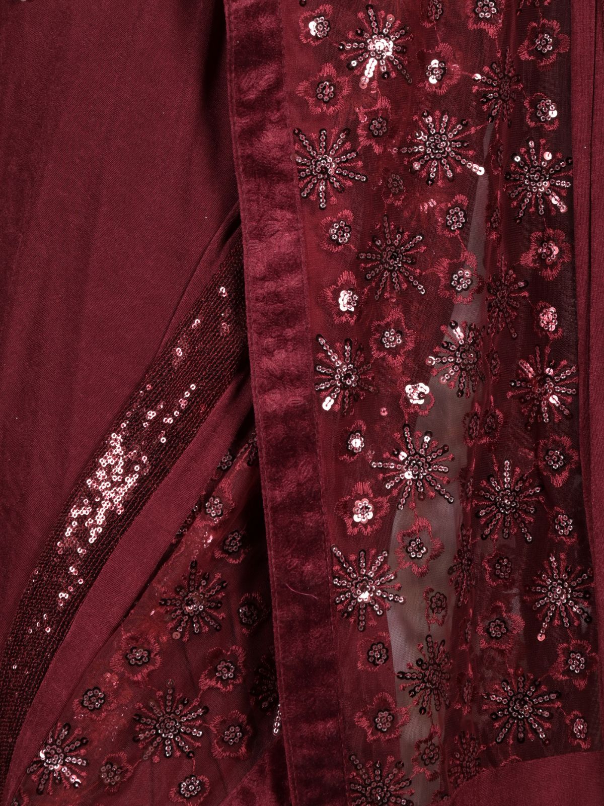 Odette Maroon Sequins Embroidered Lycra and Net Saree with Unstitched Blouse for Women - Image 5