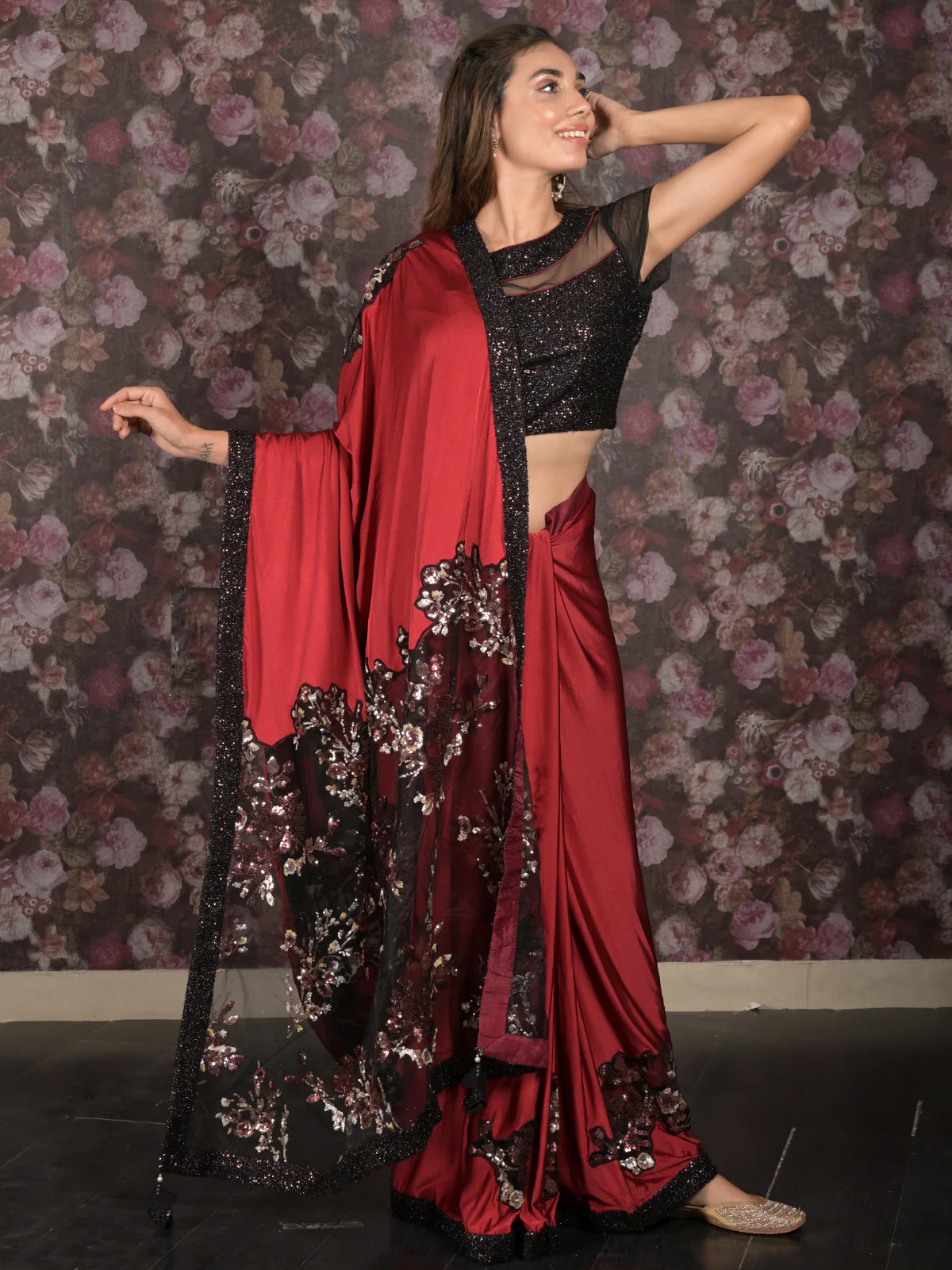 Odette Maroon Sequins Embroidered Lycra Saree with Stitched Blouse for Women - Image 2