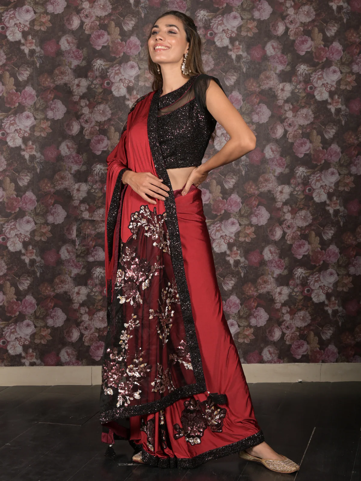 Odette Maroon Sequins Embroidered Lycra Saree with Stitched Blouse for Women - Image 3