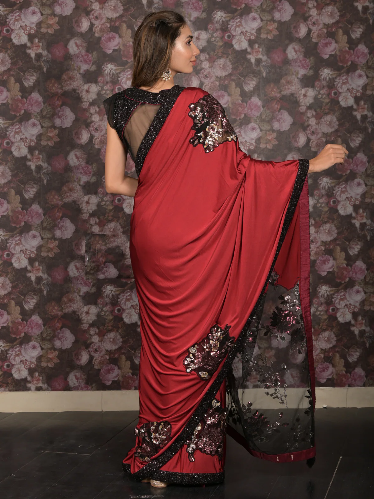 Odette Maroon Sequins Embroidered Lycra Saree with Stitched Blouse for Women - Image 4
