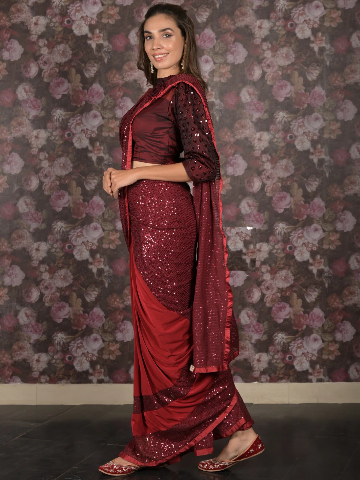 Odette Maroon Sequins Embroidered Ready-to-Wear Lycra Saree with Stitched Blouse for Women - Image 3