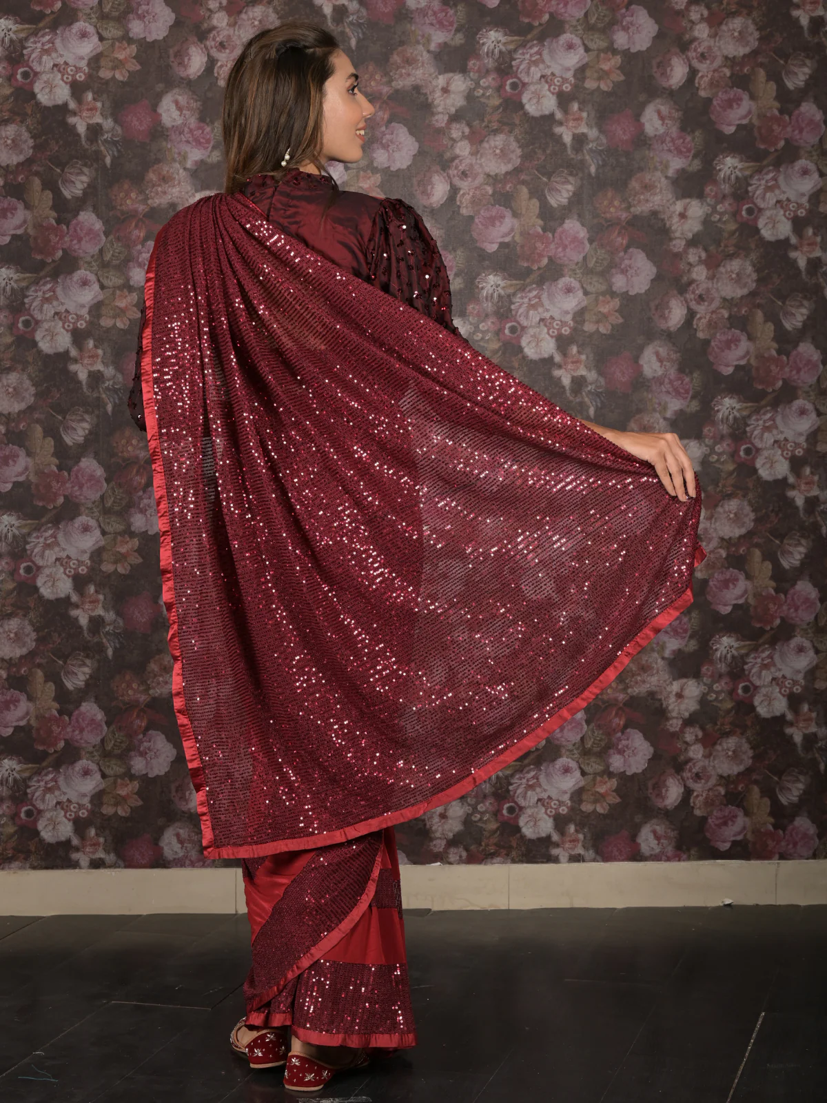 Odette Maroon Sequins Embroidered Ready-to-Wear Lycra Saree with Stitched Blouse for Women - Image 4