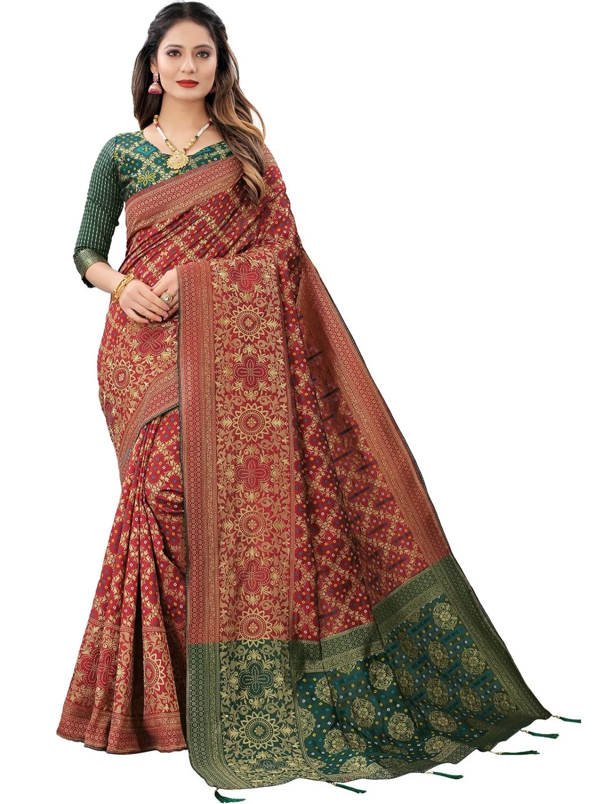 Odette Maroon Silk Blend Embellished Saree For Women