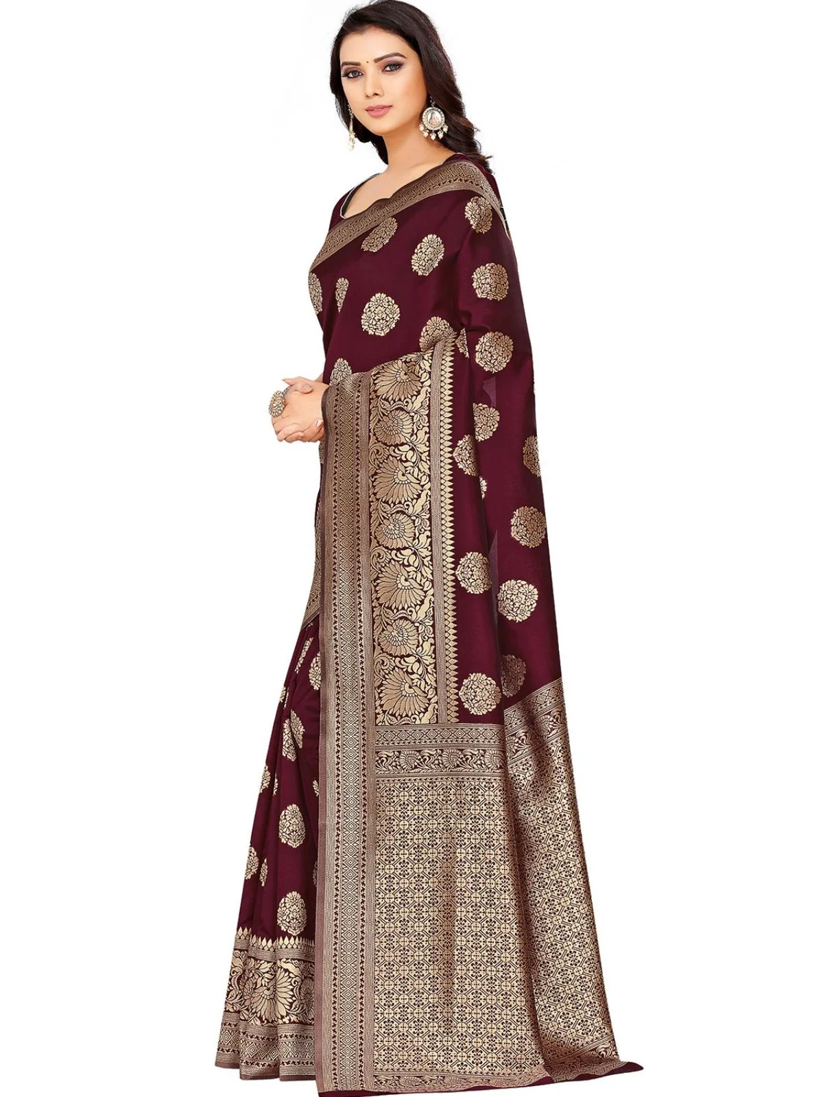 Odette Maroon Silk Blend Embellished Saree For Women - Image 2